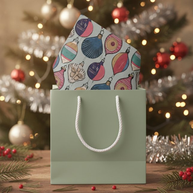 Green Vintage Christmas Ornaments Pattern Tissue Paper (Retro Vintage Ornaments Christmas Tissue Paper. Red & Gold Old Fashioned Christmas Ornament Pattern)