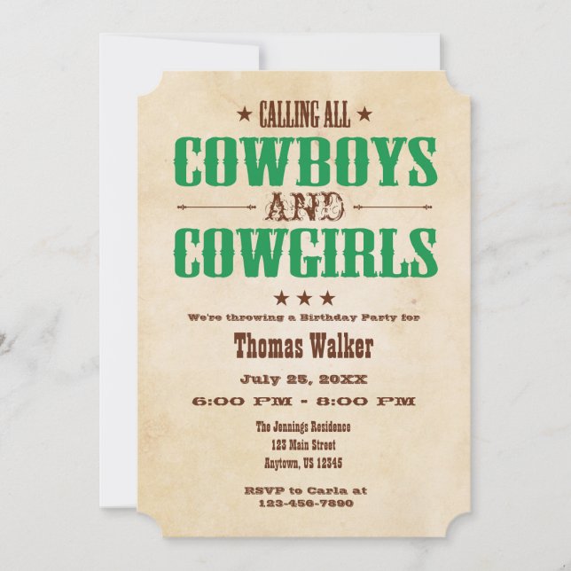 Green Vintage Cowboy Birthday Invitation (Front)