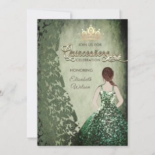 Green vintage dress damask tiara Quinceañera Invitation