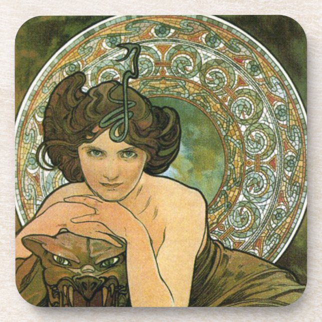 Green Vintage Emerald Temptress Art Nouveau Mucha Coaster (Front)