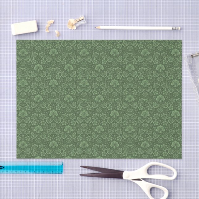 Green Vintage Floral Damask Pattern Tissue Paper (Craft)