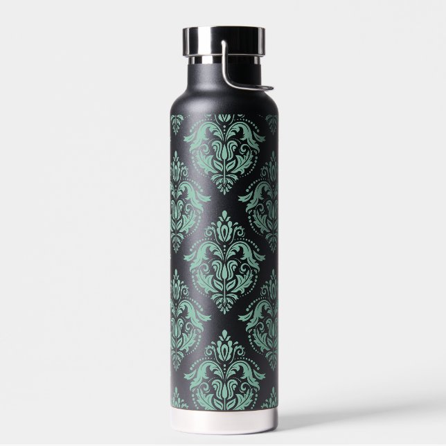 Green vintage floral damasks pattern water bottle (Left)