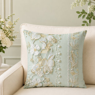 Green Vintage Floral Faux Lace Throw Pillow