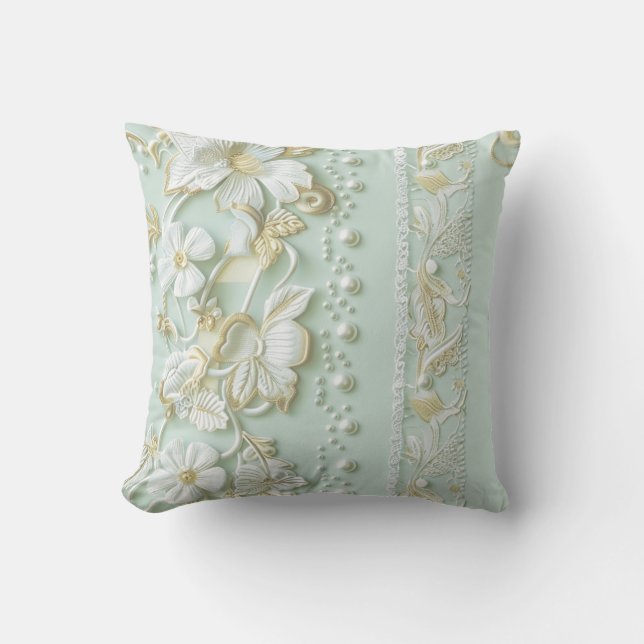 Green Vintage Floral Faux Lace Throw Pillow (Front)