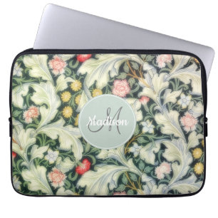 Green Vintage Floral Pattern with Monogram Laptop Sleeve