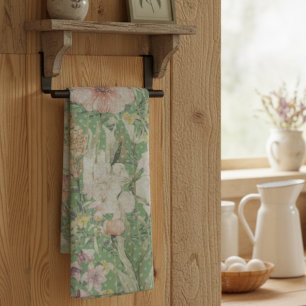Green Vintage Floral Pattern With Polka Dots Tea Towel