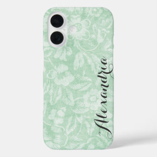 Green Vintage Floral Print Monogram iPhone 16 Case