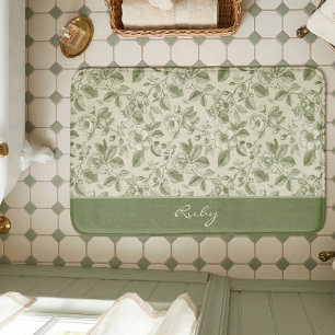 Green Vintage Floral Toile Pattern Bath Mat