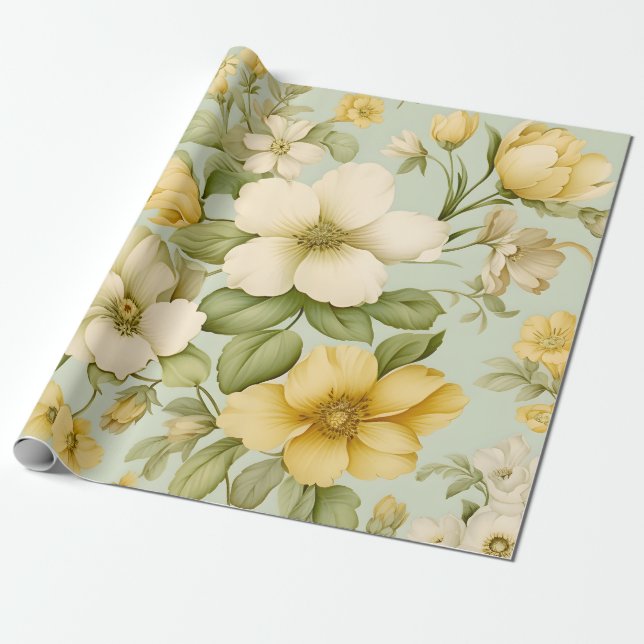 Green vintage flowers wrapping paper (Unrolled)