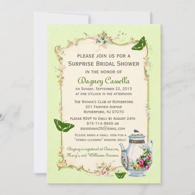 Green Vintage French Bridal Tea Party Invitation (Front)