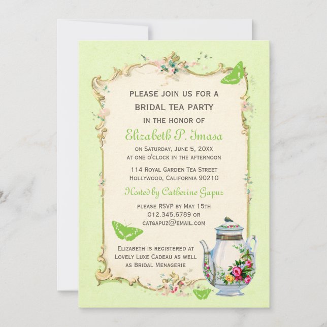 Green Vintage French Bridal Tea Party Invitation (Front)