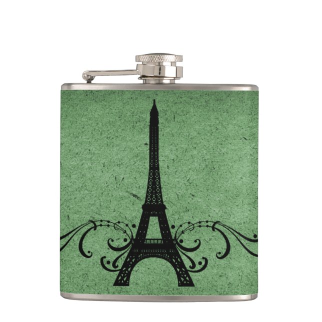 Green Vintage French Flourish Hip Flask (Front)