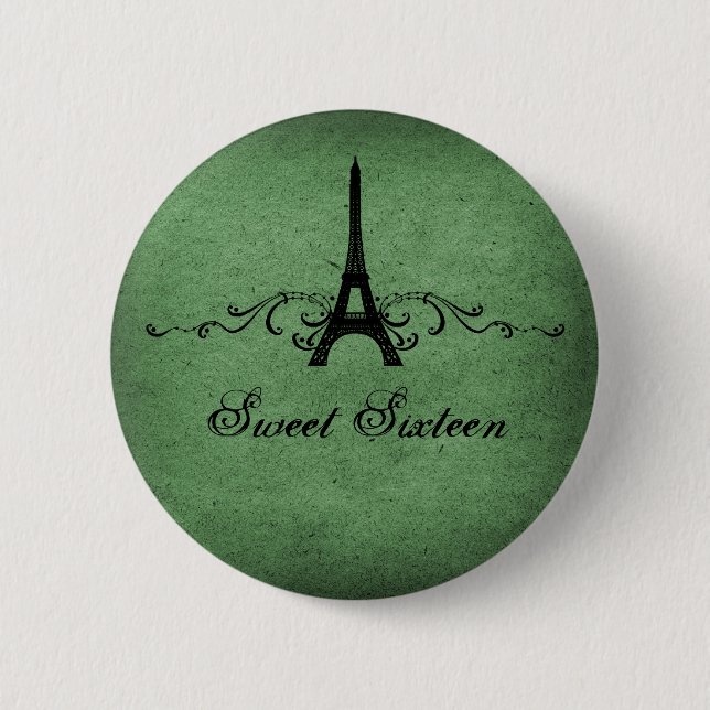 Green Vintage French Flourish Sweet 16 Button (Front)