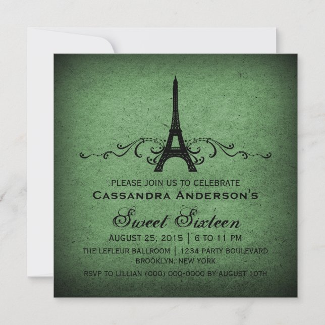 Green Vintage French Flourish Sweet 16 Invite (Front)