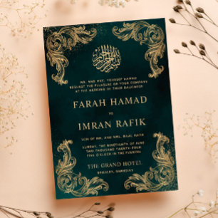 Green Vintage Gold Corner Islamic Muslim Wedding Invitation
