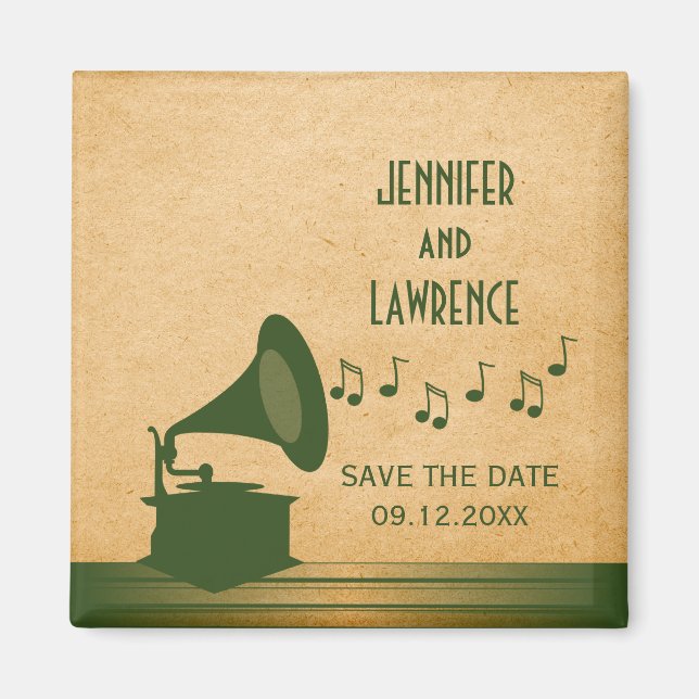 Green Vintage Gramophone Save the Date Magnet (Front)