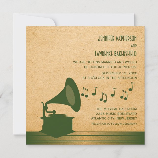 Green Vintage Gramophone Wedding Invite (Front)