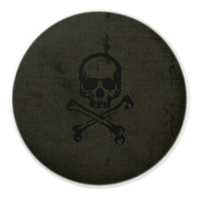 Green Vintage Grunge Skull Crossbones Halloween Ceramic Knob (Front)