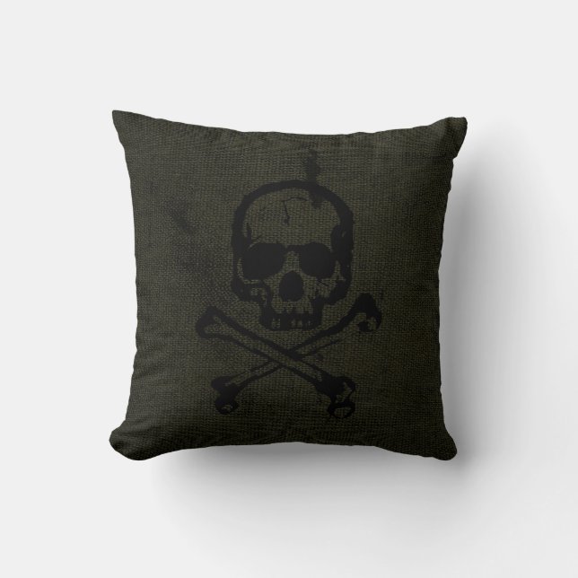 Green Vintage Grunge Skull Crossbones Halloween Cushion (Front)