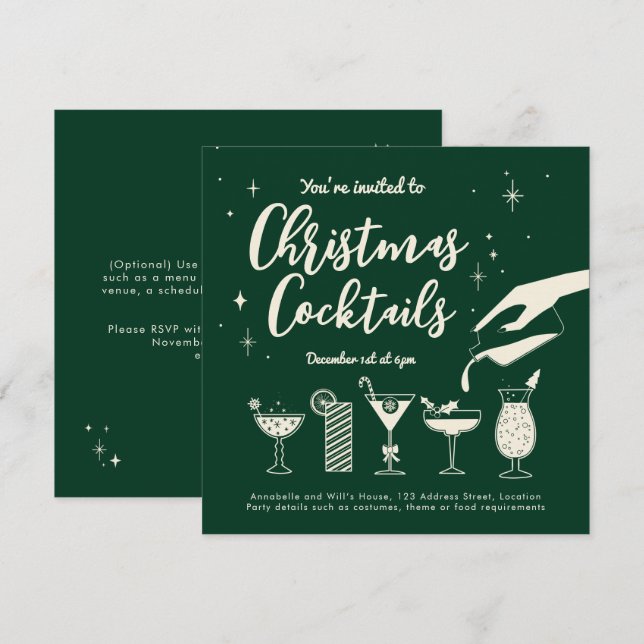 Green Vintage Holiday Drinks and Cocktails invite (Front/Back)