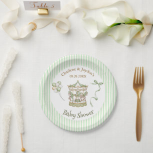Green Vintage Horse Carousel Baby Shower Paper Plate