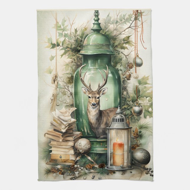 Green Vintage Lantern Stag Books Christmas Tea Towel (Vertical)
