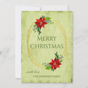Green Vintage Merry Christmas and Poinsettia  Holiday Card