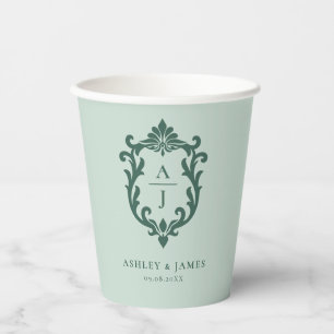 Green Vintage Ornate Crest Wedding Paper Cups