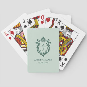 Green Vintage Ornate Crest Wedding Playing Cards