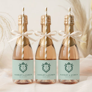 Green Vintage Ornate Crest Wedding Sparkling Wine Label