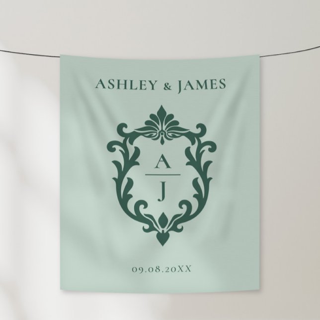 Green Vintage Ornate Crest Wedding Tapestry (Creator Uploaded)