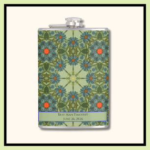 Green Vintage pattern with Blue Flowers Hip Flask
