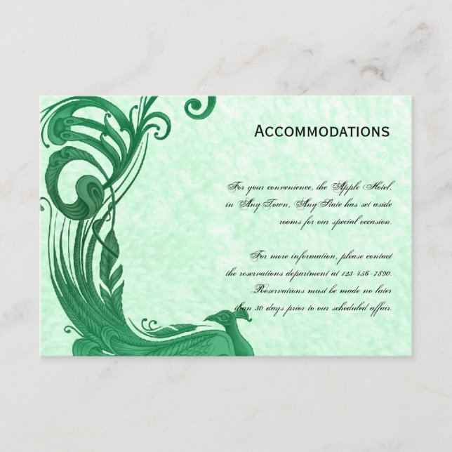 Green Vintage Peacock Accomodations Card (Front)