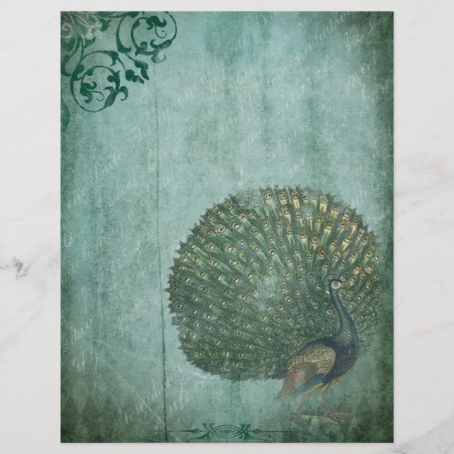 Green Vintage Peacock Scrapbook Paper (Front)