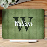 Green Vintage Pinstripe Retro Monogram Mouse Mat<br><div class="desc">This design features a vintage green pinstripe pattern in green with darker dashed stripes. Personalise it with your monogram initial in dark green/off-black and your name in white retro script.</div>