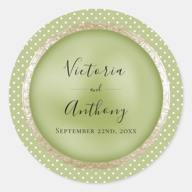 Green Vintage Polkadot Wedding Classic Round Sticker (Front)