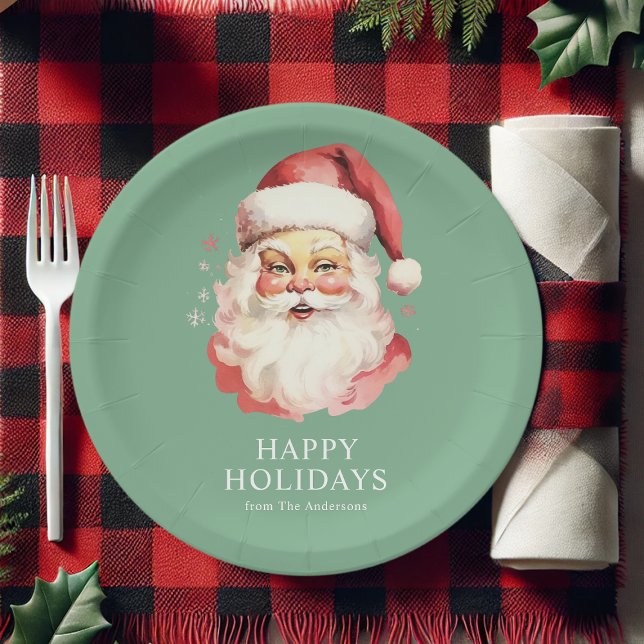 Green Vintage Retro Santa Claus Christmas Paper Plate (Creator Uploaded)