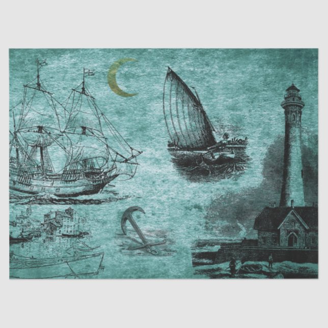 Green Vintage Ships and Lighthouse Tissue Paper (Front)