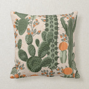Green vintage succulent cactus and orange flowers cushion
