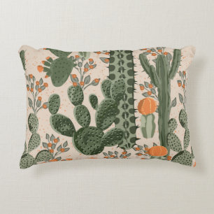 Green vintage succulent cactus and orange flowers decorative cushion