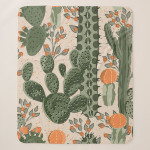 Green vintage succulent cactus and orange flowers sherpa blanket