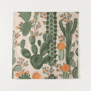 Green vintage succulent cactus and orange flowers  tapestry