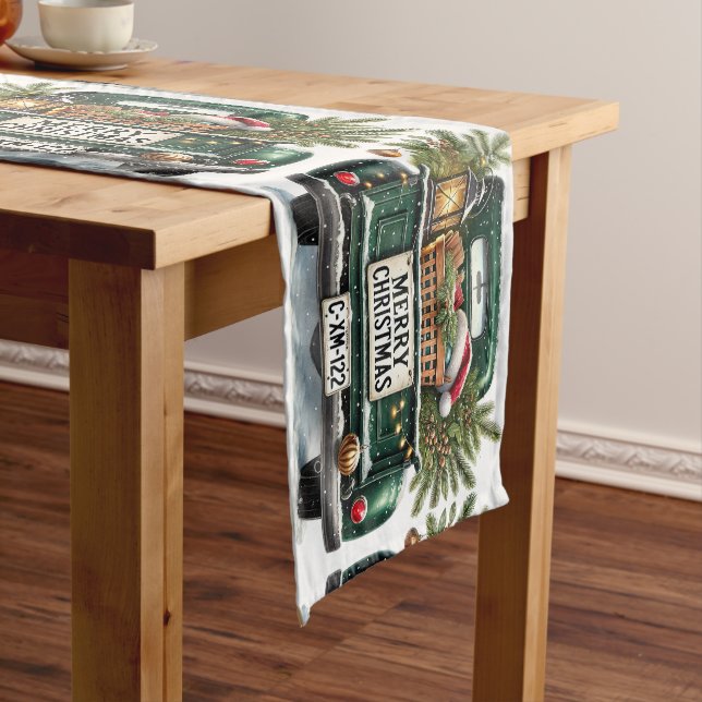 Green Vintage Truck Christmas Decorations Short Table Runner (In Situ)