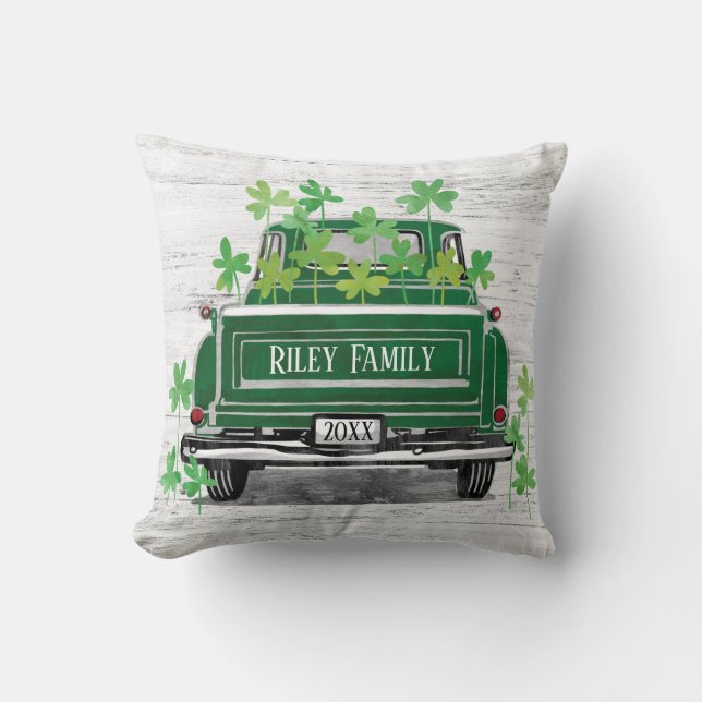Green Vintage Truck Shamrock Name Cushion (Front)