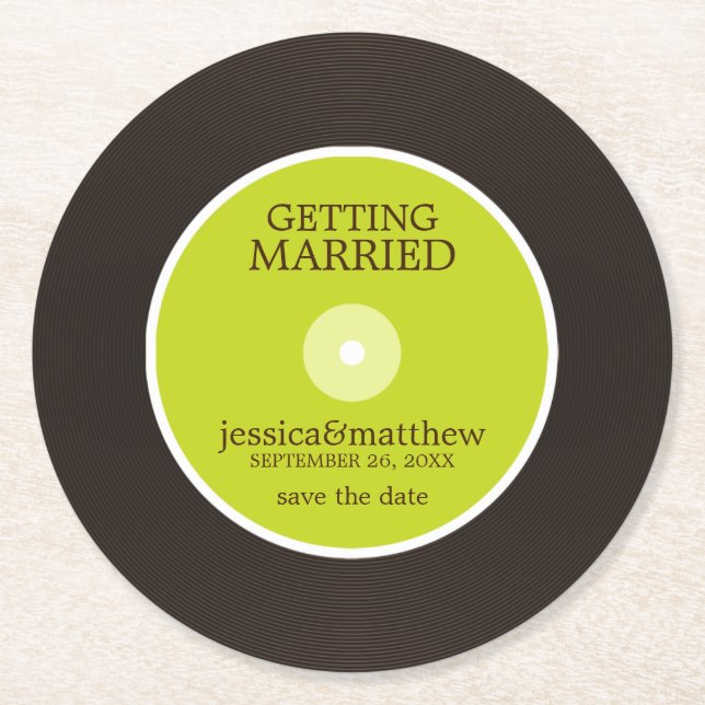 Green Vinyl Record Wedding Save the Date Wedding Round Paper Coaster (Front)