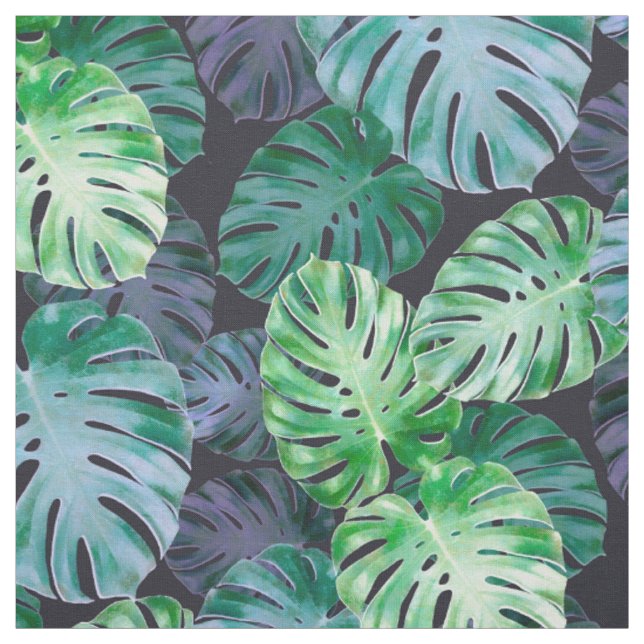 Green Violet Tropical Monstera Leaves Fabric (Swatch)