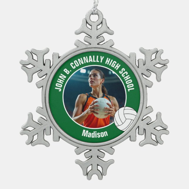 Green Volleyball Player Photo High School Snowflake Pewter Christmas Ornament (Front)