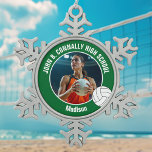 Green Volleyball Player Photo High School Snowflake Pewter Christmas Ornament<br><div class="desc">This cool customized high school volleyball player photo gift features white typography of your team and player name on a snowflake Christmas ornament with a ball on a green background. Personalize with your student's photograph and class year as a proud sports parent for a commemorative keepsake present.</div>