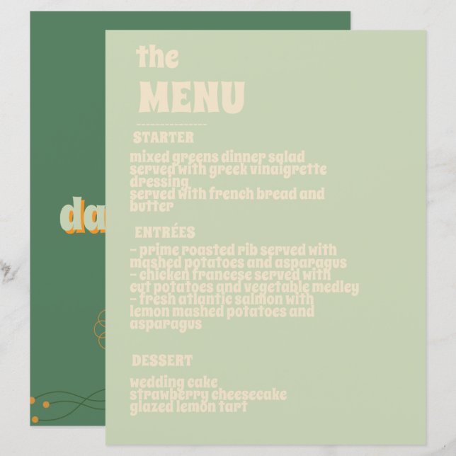 Green Vosvos Minimal Wedding Menu (Front/Back)