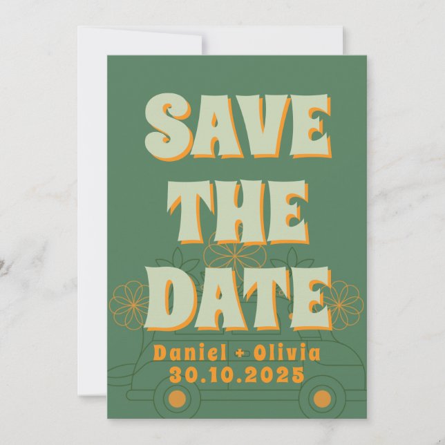 Green Vosvos Minimal Wedding Save The Date (Front)